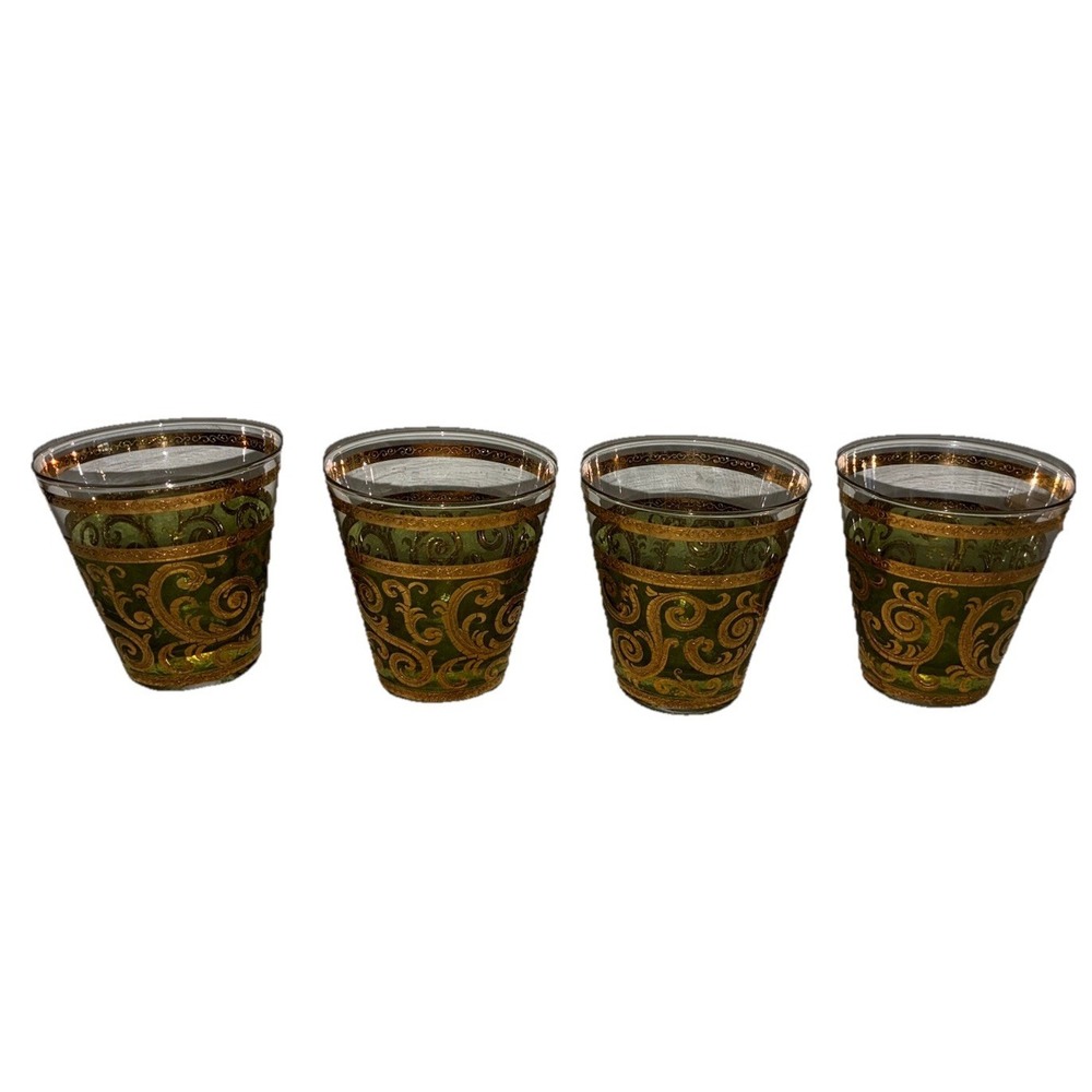 Vintage Culver Glasses Toledo Green 22K Gold Double Old Fashioned MCM Set Of 4